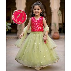 Babyhug Woven Sleeveless Choli Lehenga & Dupatta Set With Sequin Detailing - Green