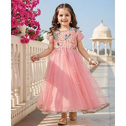 Babyhug Woven Half Sleeves Ethnic Dress With Sequin Detailing & Net Embroidered - Peach