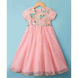 Babyhug Woven Half Sleeves Ethnic Dress With Sequin Detailing & Net Embroidered - Peach