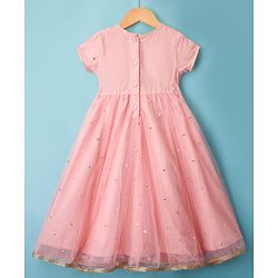 Babyhug Woven Half Sleeves Ethnic Dress With Sequin Detailing & Net Embroidered - Peach