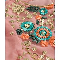 Babyhug Woven Half Sleeves Ethnic Dress With Sequin Detailing & Net Embroidered - Peach