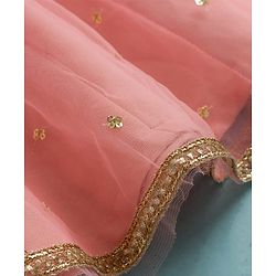 Babyhug Woven Half Sleeves Ethnic Dress With Sequin Detailing & Net Embroidered - Peach