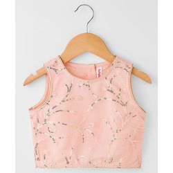 Babyhug Woven Sleeveless Choli Lehenga Set with Dupatta Sequin & Lace Detailing - Peach