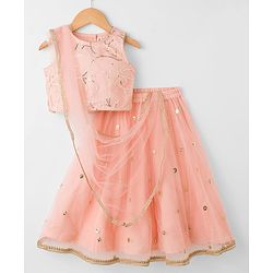 Babyhug Woven Sleeveless Choli Lehenga Set with Dupatta Sequin & Lace Detailing - Peach