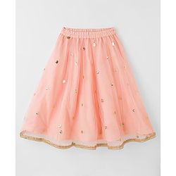 Babyhug Woven Sleeveless Choli Lehenga Set with Dupatta Sequin & Lace Detailing - Peach