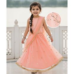 Babyhug Woven Sleeveless Choli Lehenga Set with Dupatta Sequin & Lace Detailing - Peach