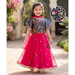 Babyhug Woven Frill Sleeves Choli Lehenga & Dupatta Set With Floral Sequin Detailing & Embroidered - Fuschia