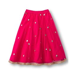Babyhug Woven Frill Sleeves Choli Lehenga & Dupatta Set With Floral Sequin Detailing & Embroidered - Fuschia