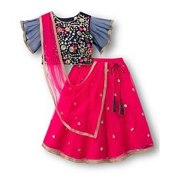 Babyhug Woven Frill Sleeves Choli Lehenga & Dupatta Set With Floral Sequin Detailing & Embroidered - Fuschia