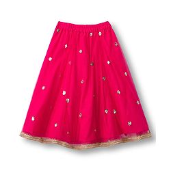 Babyhug Woven Frill Sleeves Choli Lehenga & Dupatta Set With Floral Sequin Detailing & Embroidered - Fuschia