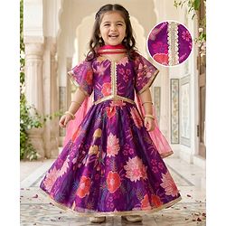 Babyhug Woven Half Sleeves Digital Printed With Embroidered Choli Lehenga & Dupatta Set - Purple