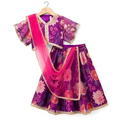 Babyhug Woven Half Sleeves Digital Printed With Embroidered Choli Lehenga & Dupatta Set - Purple