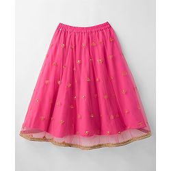 Babyhug Net Woven Sleeveless Choli Lehenga Set with Dupatta & Floral Embroidery - Fuchsia