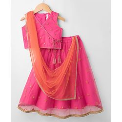 Babyhug Net Woven Sleeveless Choli Lehenga Set with Dupatta & Floral Embroidery - Fuchsia