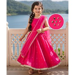 Babyhug Woven Sleeveless Choli Lehenga & Dupatta Set With Foil Print - Fuschia