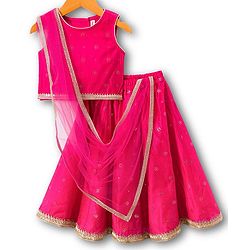Babyhug Woven Sleeveless Choli Lehenga & Dupatta Set With Foil Print - Fuschia