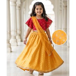 EARTHY TOUCH Woven Half Flutter Sleeves Choli Lehenga Set With Dupatta Floral Print & Lace Detailing - Mustard & Light Red