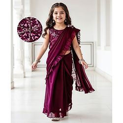 Babyhug Woven Sleeveless Embroidered Blouse With Glass Nylon Solid Saree - Wine