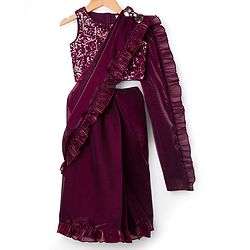 Babyhug Woven Sleeveless Embroidered Blouse With Glass Nylon Solid Saree - Wine