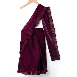 Babyhug Woven Sleeveless Embroidered Blouse With Glass Nylon Solid Saree - Wine