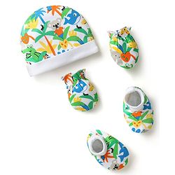 Babyhug 100% Cotton Cap Mittens & Booties Set With Jungle Theme Print Multicolour - Diameter 9 cm