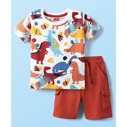 Babyhug Single Jersey Knit Half Sleeves T-Shirt & Shorts Set With Dino Print - White & Red
