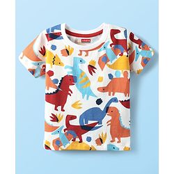 Babyhug Single Jersey Knit Half Sleeves T-Shirt & Shorts Set With Dino Print - White & Red