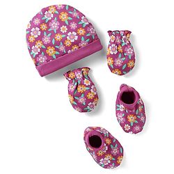 Babyhug 100% Cotton Knit Cap Mittens & Booties With Floral Print Fuchsia - Circumference 28 cm
