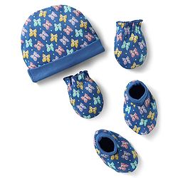 Babyhug 100% Cotton Cap Mittens & Booties Set With Butterfly Print Blue - Diameter 10 cm