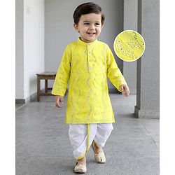 Babyhug Woven Full Sleeves Mirror Work & Embroidery Kurta & Dhoti Set - Yellow