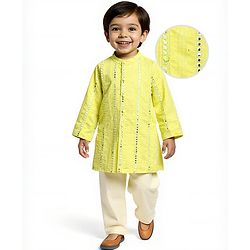 Babyhug Woven Full Sleeves Kurta Pajama Set with Embroided Mirror Work - Yellow