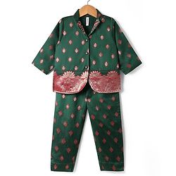 Babyhug Woven Three Forth Sleeve Floral Embroidered Brocade Long Top With Pant Set - Dark Green