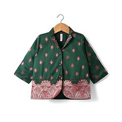 Babyhug Woven Three Forth Sleeve Floral Embroidered Brocade Long Top With Pant Set - Dark Green