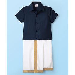 Babyhug Woven Half Sleeves Solid Shirt & Mundu Set - Navy Blue & White