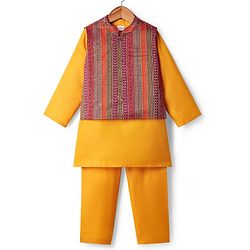 Babyhug Woven Full Sleeves Kurta Pyjama Set With Brocade Jacket - Mustard