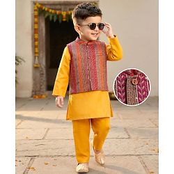 Babyhug Woven Full Sleeves Kurta Pyjama Set With Brocade Jacket - Mustard