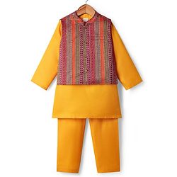 Babyhug Woven Full Sleeves Kurta Pyjama Set With Brocade Jacket - Mustard