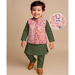 Babyhug Woven Full Sleeves Kurta Pajama Set With Embroidered Jacket - Green