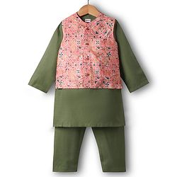 Babyhug Woven Full Sleeves Kurta Pajama Set With Embroidered Jacket - Green