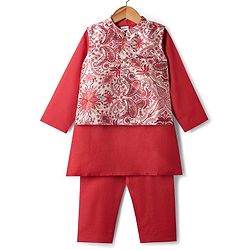 Babyhug Woven Full Length Kurta Pajama Set With Printed Jacket - Red