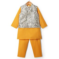 Babyhug Woven Full Length Kurta Pajama Set With Printed Jacket - Yellow