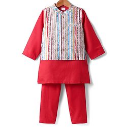 Babyhug Woven Full Sleeves Kurta Pajama Set With Printed Jacket - Red