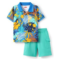 Babyhug Single Jersey Knit Half Sleeves Polo T-Shirt & Shorts Set with Tropical Theme Print - Blue