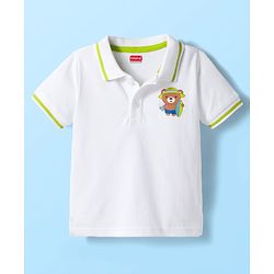 Babyhug Single Jersey  Knit Half Sleeves Polo T-Shirt and Shorts Set With Teddy Print - White & Neon Green
