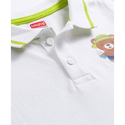 Babyhug Single Jersey  Knit Half Sleeves Polo T-Shirt and Shorts Set With Teddy Print - White & Neon Green