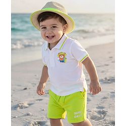 Babyhug Single Jersey  Knit Half Sleeves Polo T-Shirt and Shorts Set With Teddy Print - White & Neon Green