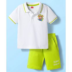 Babyhug Single Jersey  Knit Half Sleeves Polo T-Shirt and Shorts Set With Teddy Print - White & Neon Green