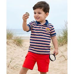 Babyhug Single Jersey Knit Half Sleeves T-Shirt & Shorts Set With Stripes & Text Patch - Red