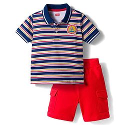 Babyhug Single Jersey Knit Half Sleeves T-Shirt & Shorts Set With Stripes & Text Patch - Red