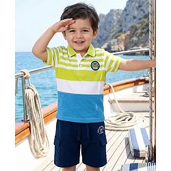 Babyhug Single Jersey Knit Polo T-Shirt & Shorts Set with Stripes - Navy Blue & Limegreen